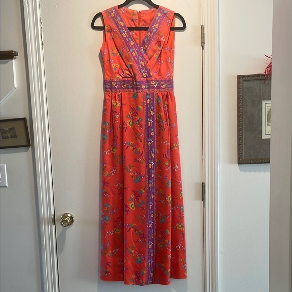 Vintage 60’s Orange Floral Boho Sleeveless V-neck Flap Over Jumpsuit Gorgeous!
